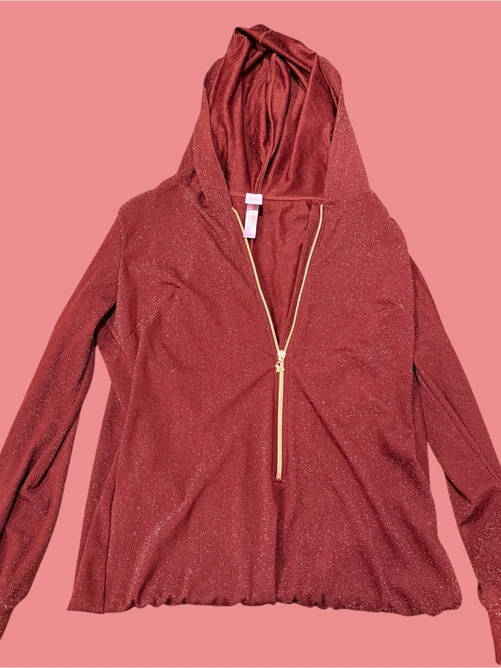 Savage X Fenty Glitter Hoodie in Brick Red with Gold Trim